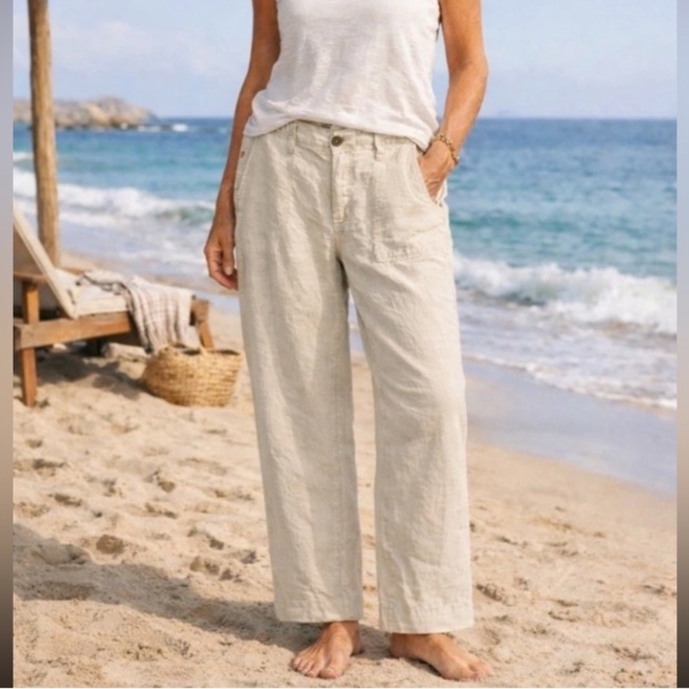 Old Navy Women’s 100% Linen Wide Leg Beige Casual W/Pockets Resort Wear Pants